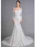 Long Sleeve Beaded Ivory Lace Satin Sheer Back Wedding Dress